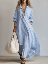 Vestido maxi de rayas azules de estilo camisero holgado