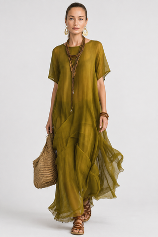 Vestido maxi bohemio verde oliva con silueta drapeada